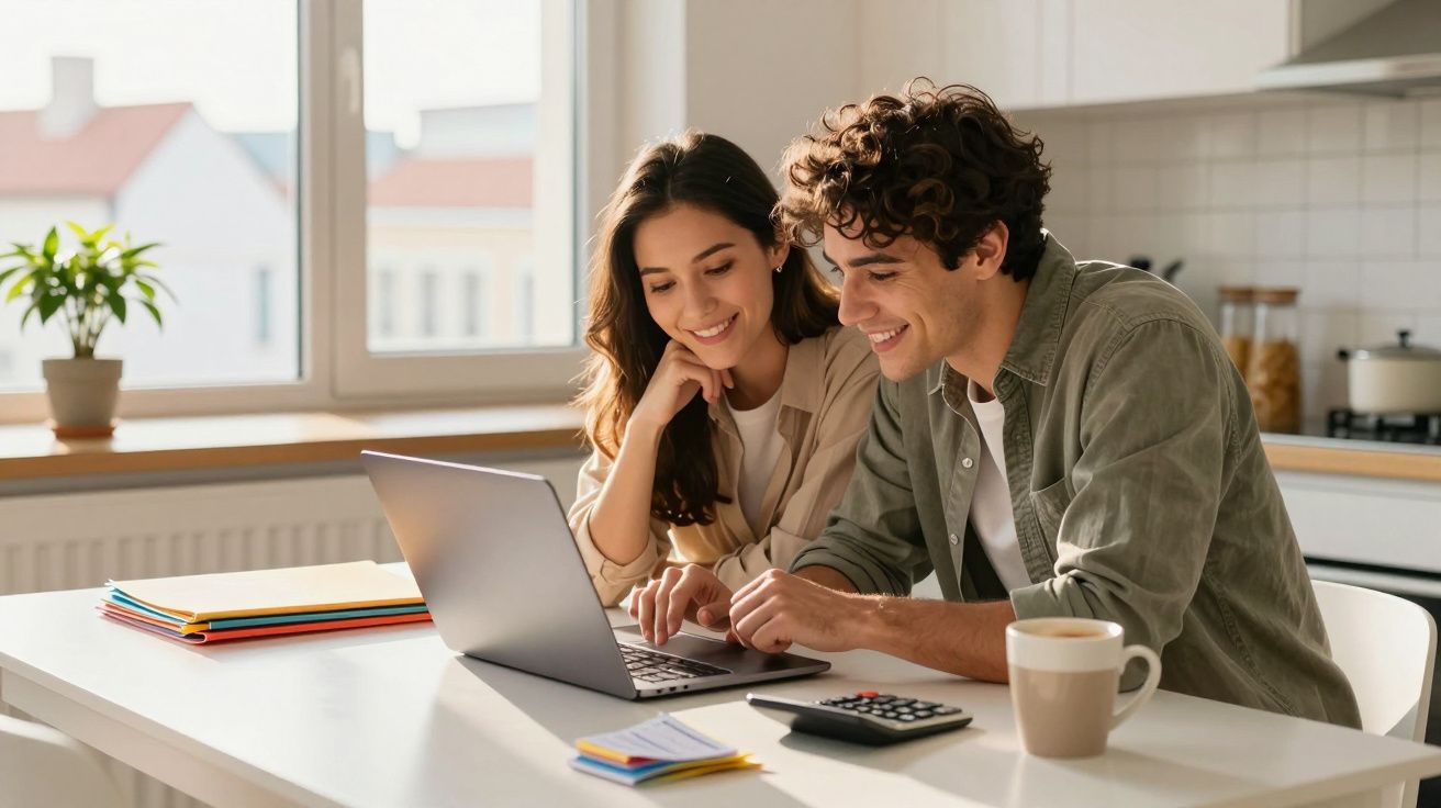 Casal jovem a sorrir enquanto utiliza um portátil numa cozinha bem iluminada, com café e calculadora na mesa.
