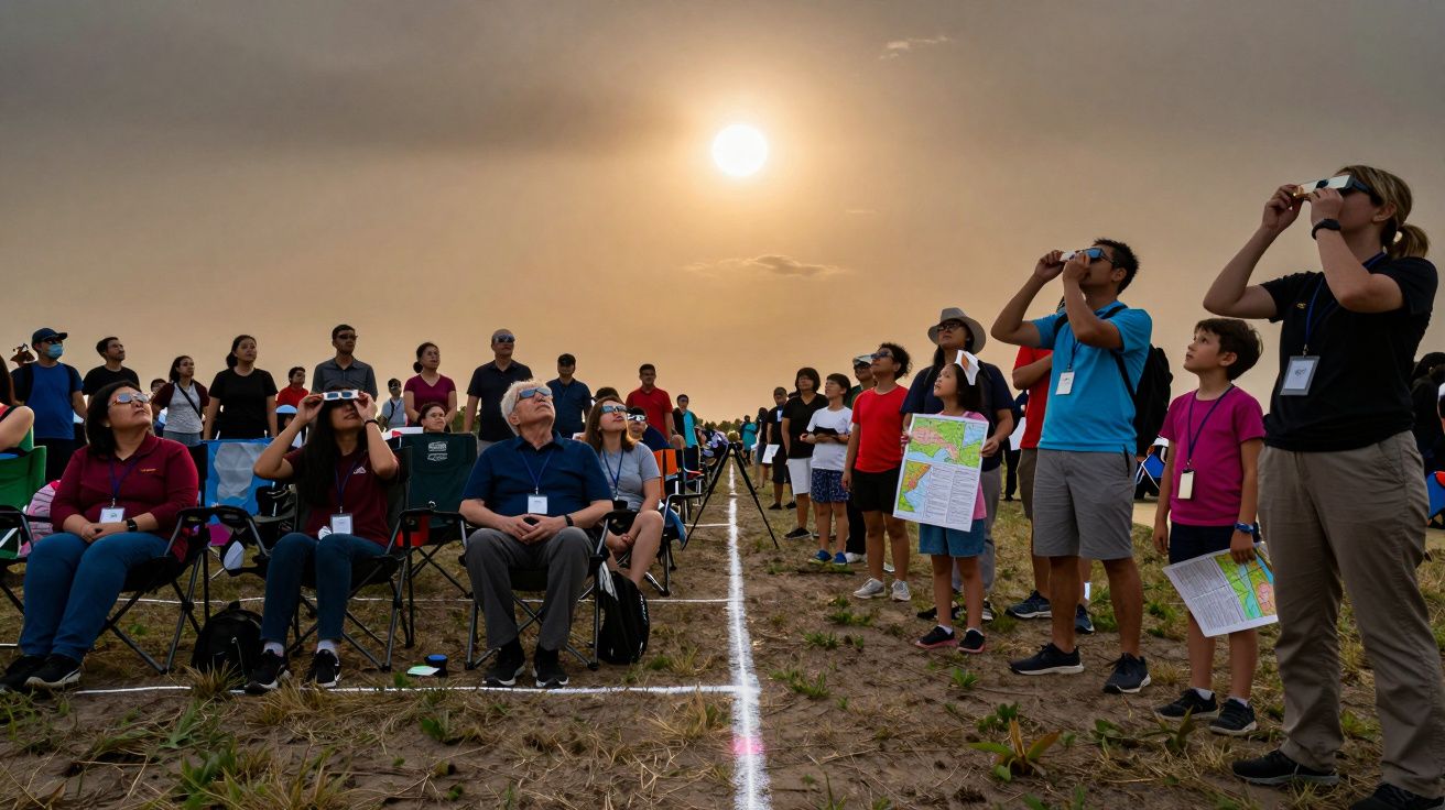 Grupo de pessoas a observar o céu com óculos solares durante um eclipse, num campo marcado com linhas brancas.