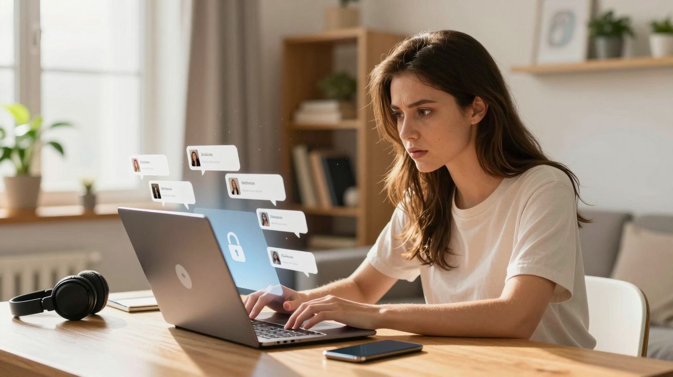 Mulher concentrada a usar um portátil num ambiente luminoso com ícones de mensagens virtuais à sua frente.