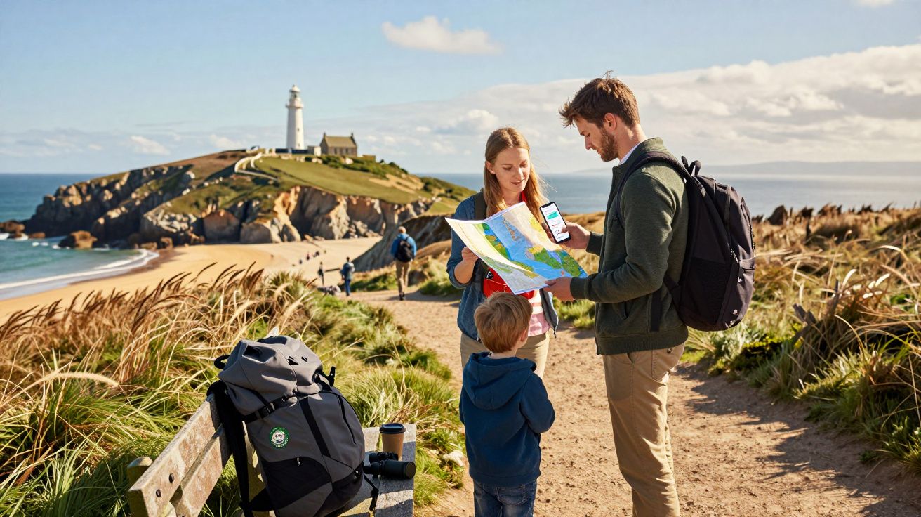 Família a consultar mapa e telemóvel num trilho junto à praia com farol ao fundo sob céu limpo.