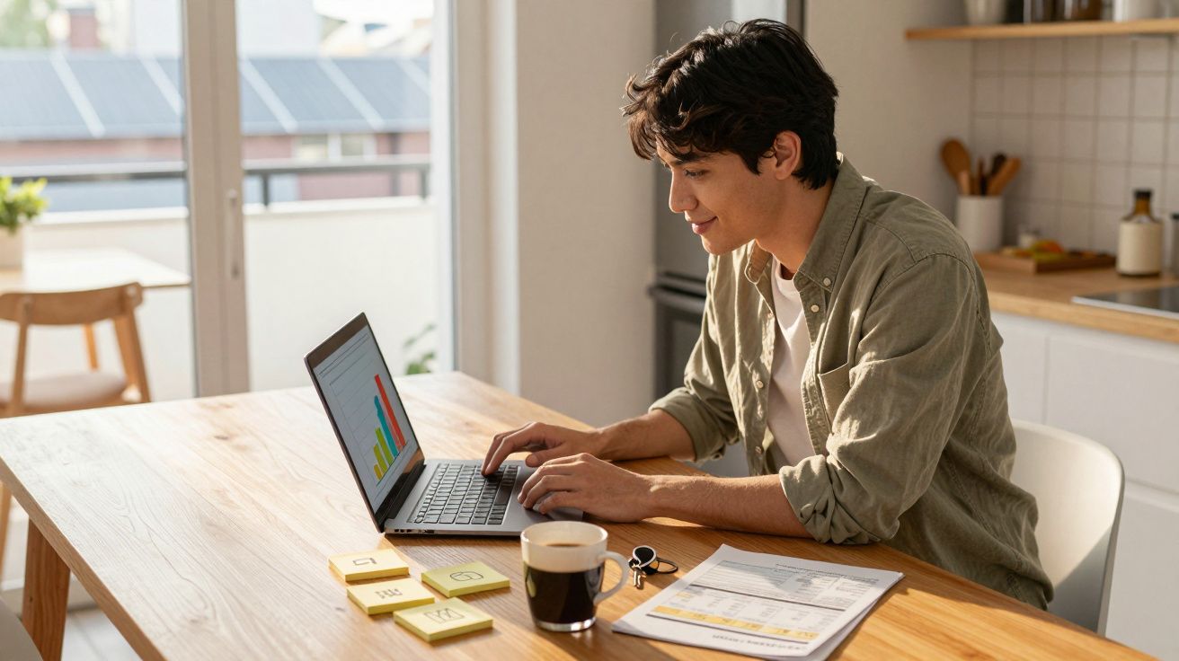 Jovem sentado à mesa a trabalhar num computador portátil com gráfico colorido e documentos ao lado.
