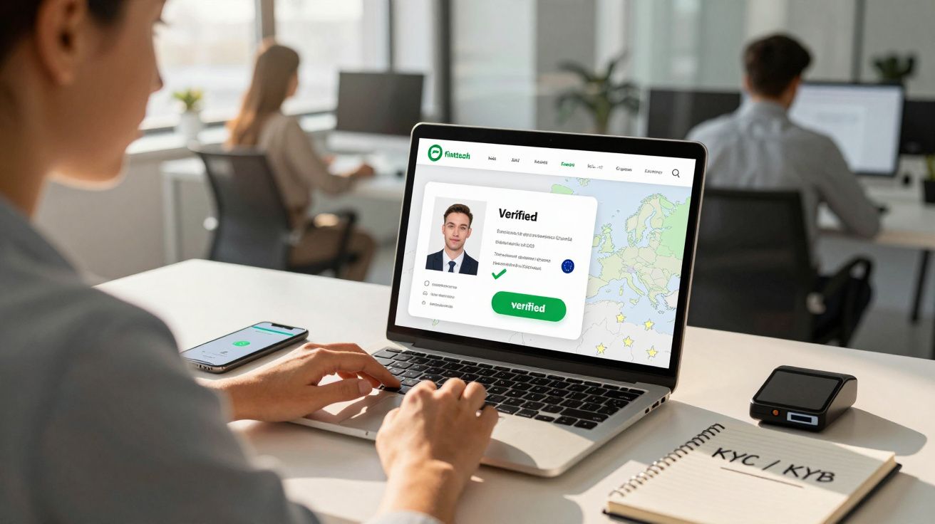 Pessoa a utilizar computador portátil com página de verificação de identidade aberta num escritório moderno.