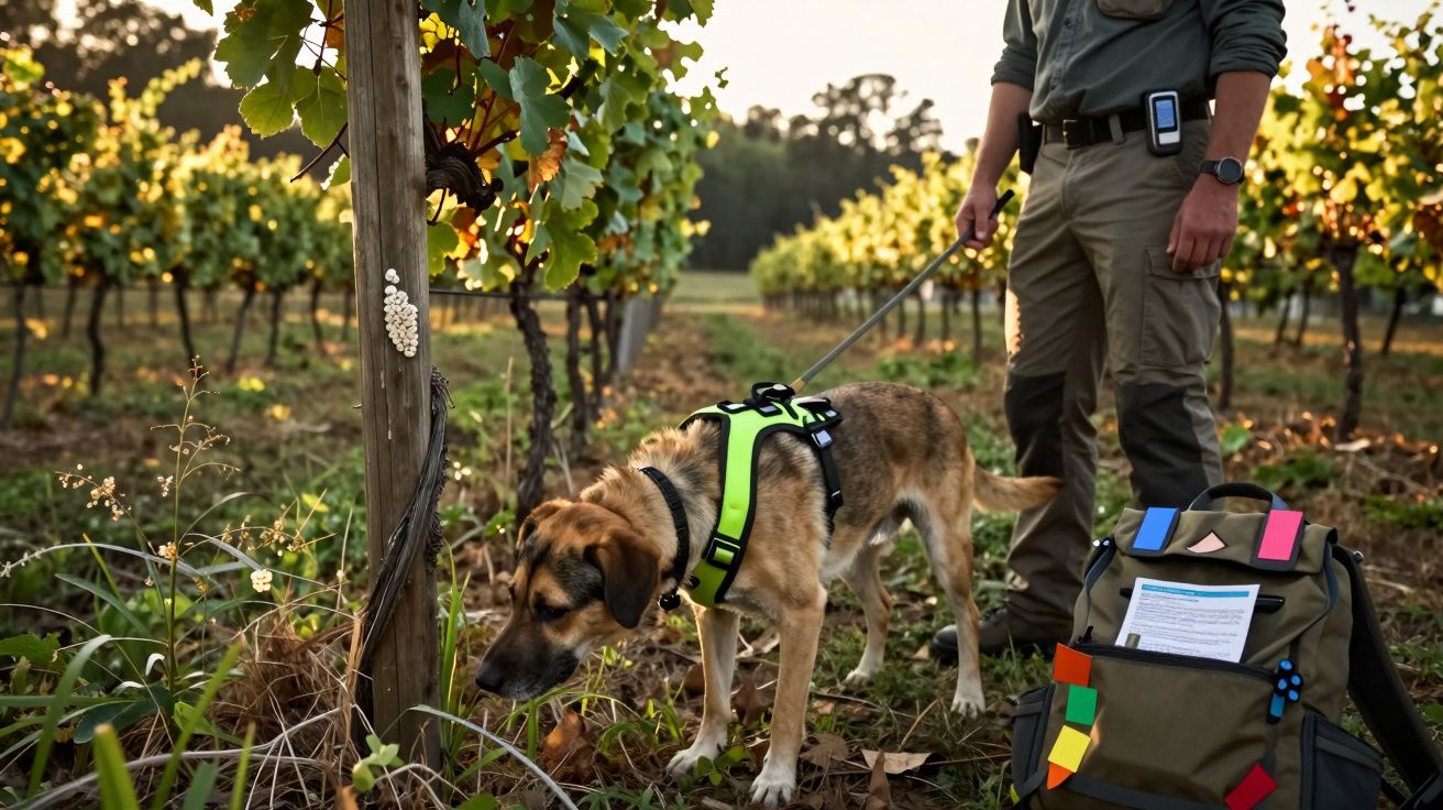 Cão farejador com peitoral verde em vinha, acompanhado por pessoa com mochila colorida e equipamento de campo.