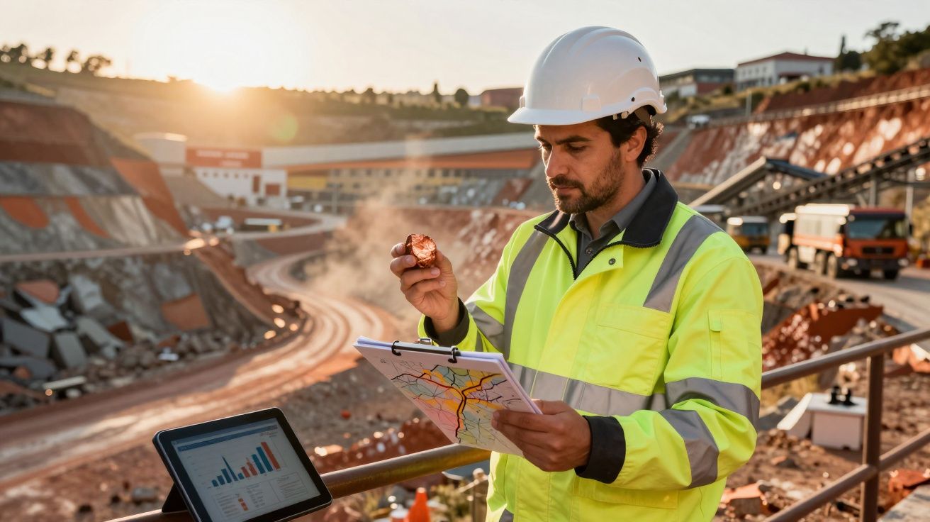 Engenheiro a analisar amostra de solo numa obra ao ar livre, com gráfico num tablet e equipamento de construção ao fundo.
