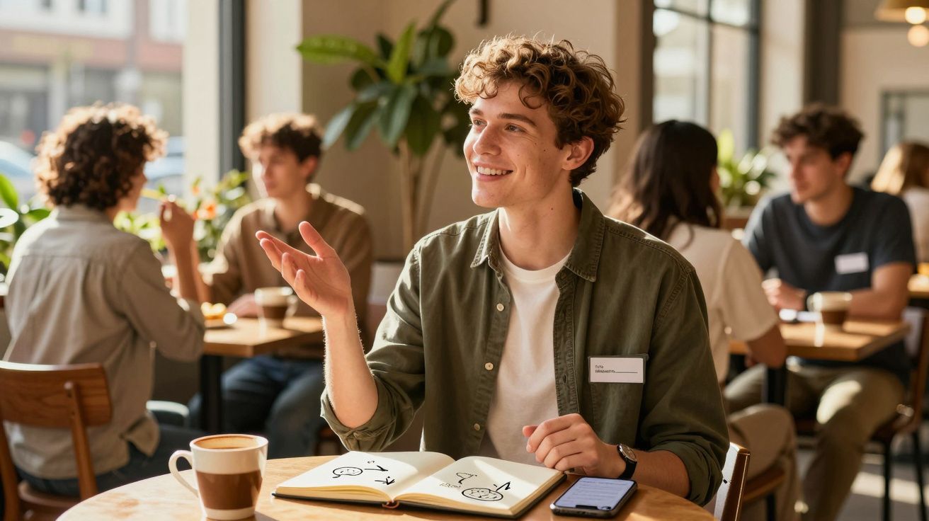 Jovem a sorrir e a conversar numa café, com livro aberto e smartphone na mesa à sua frente.