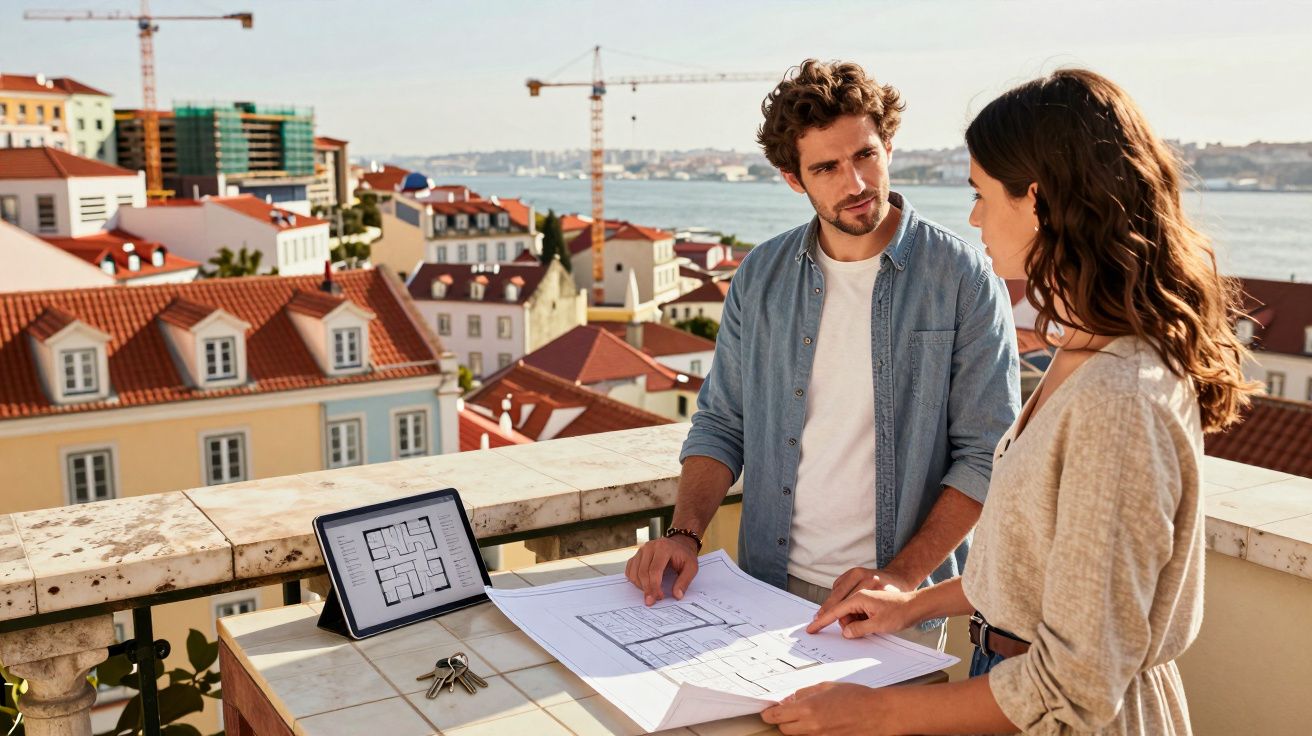 Homem e mulher discutem plantas arquitetónicas numa varanda com vista para cidade e rio.