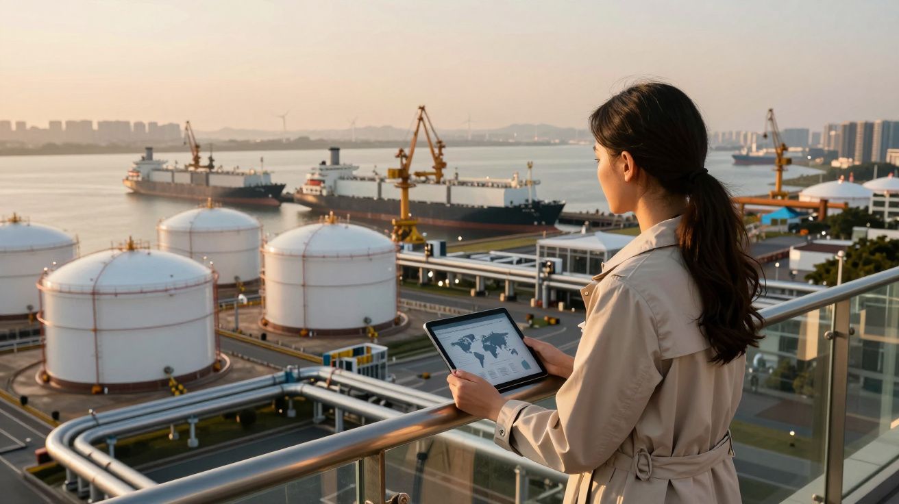 Mulher com tablet observa instalações industriais e tanques de armazenamento junto a um porto ao pôr do sol.