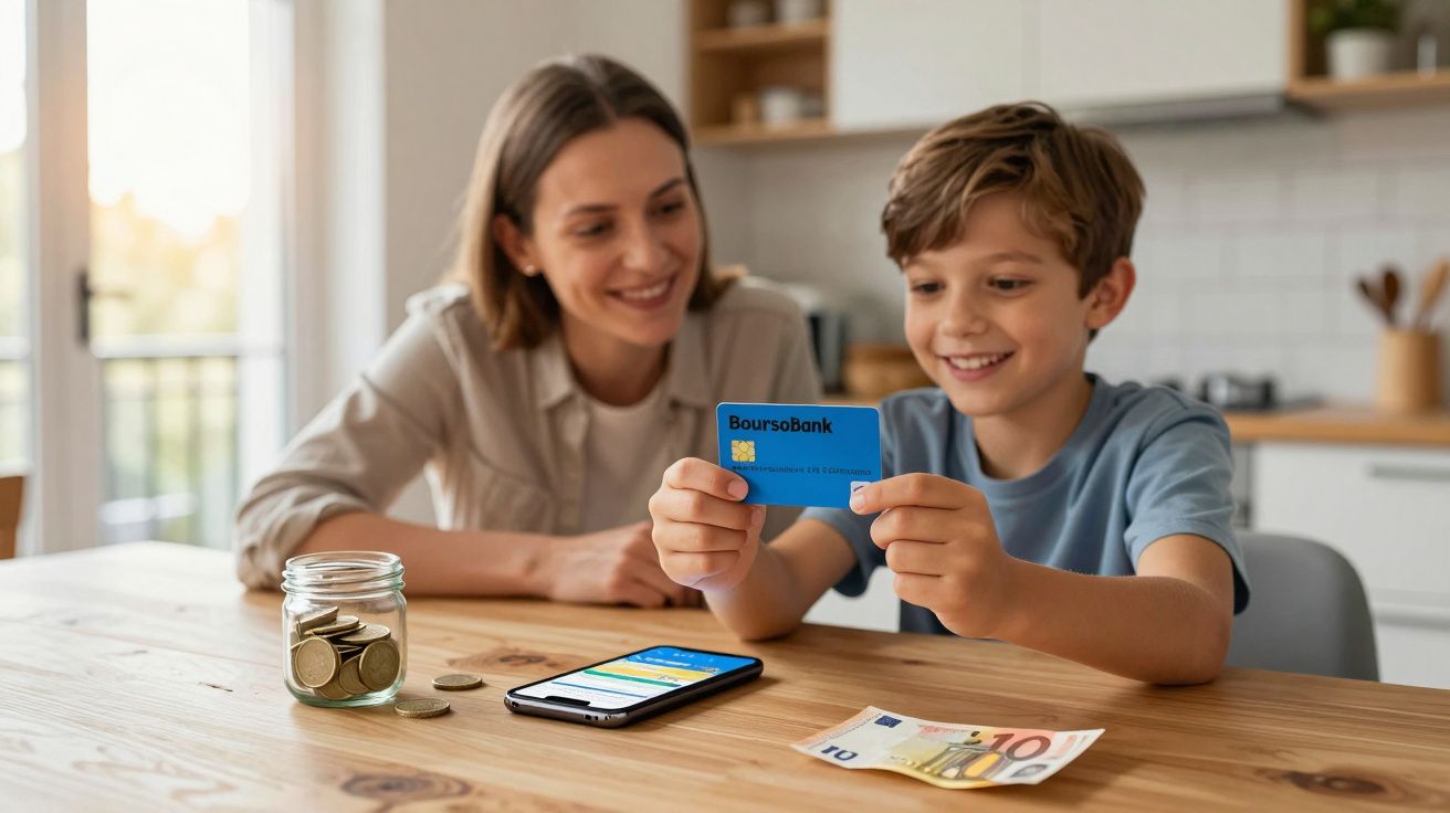 Menino sorridente a segurar cartão bancário azul com mulher ao lado, smartphone, moedas e notas em mesa.