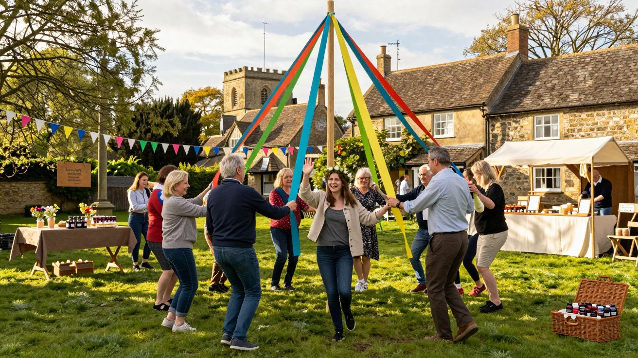 Pessoas dançando em festa ao ar livre com fitas coloridas num mastro, casas antigas e bancas ao fundo.
