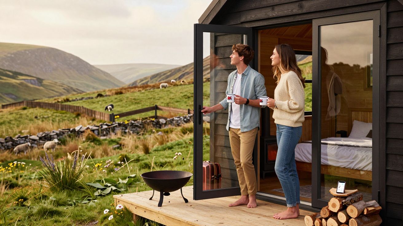 Casal em pé na varanda de uma cabana, segurando canecas, com vista para campo verde e montanhas ao fundo.