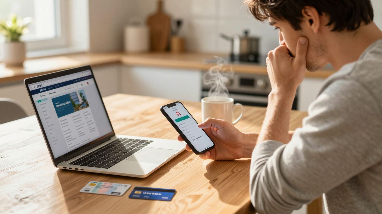 Homem sentado à mesa com laptop, cartões de crédito e telemóvel mostrando alerta de segurança online.
