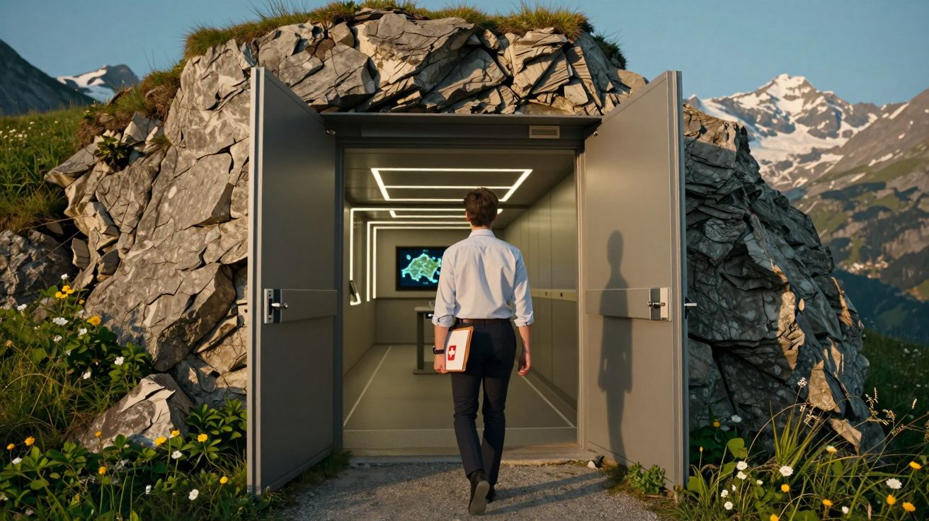 Pessoa de costas entra em bunker moderno aberto numa montanha rochosa com paisagem de montanhas ao fundo.