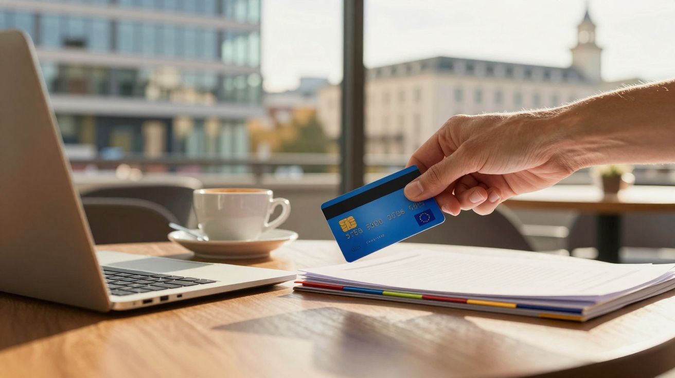 Mão segurando cartão azul perto de computador portátil, documentos e chávena de café numa mesa de escritório.