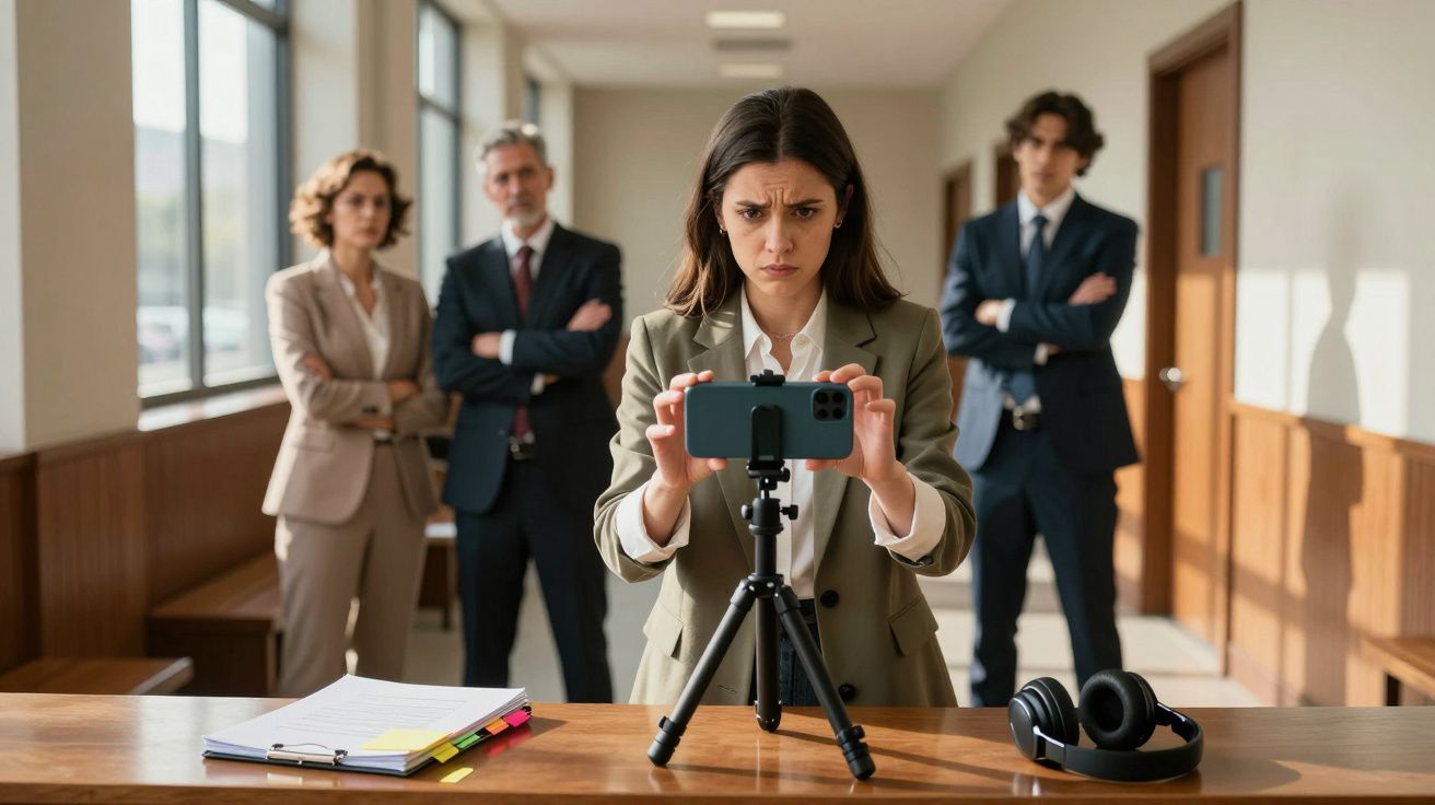 Mulher grave a fazer um vídeo num corredor, com três pessoas sérias atrás dela.