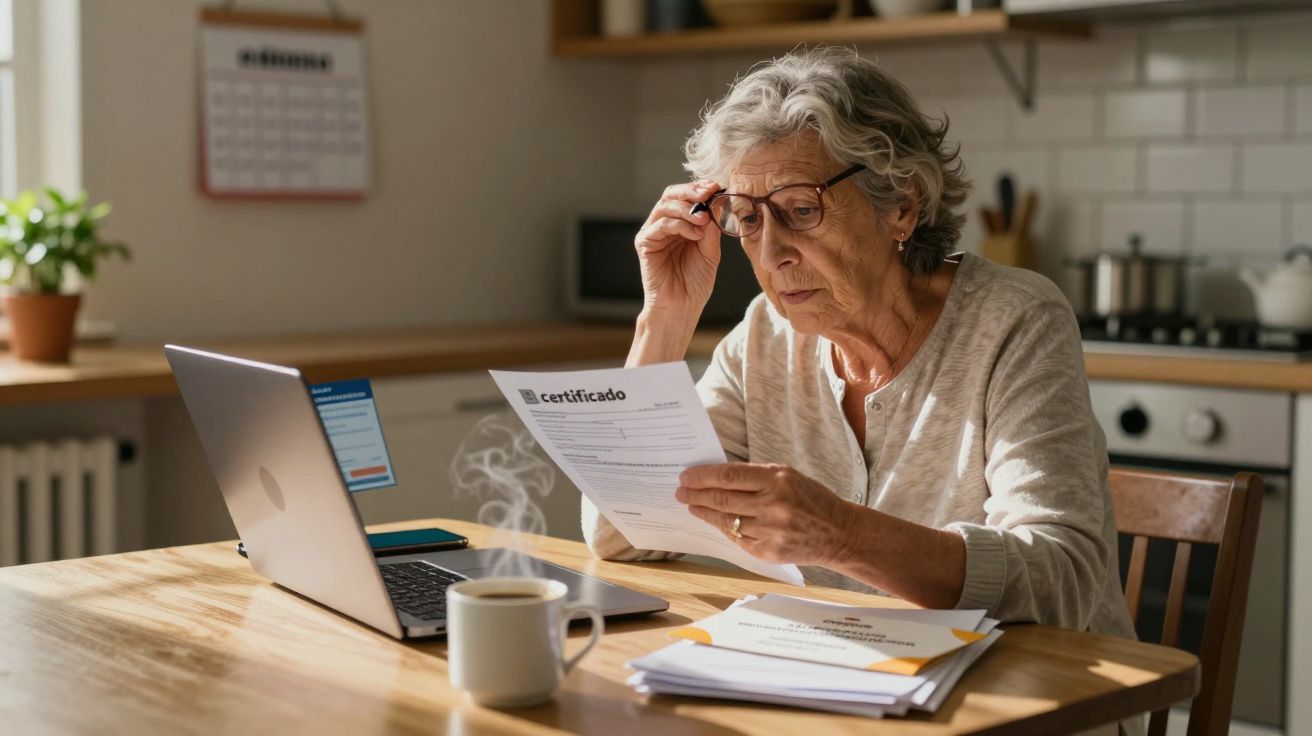 Mulher idosa sentada a uma mesa, a ler um certificado, com portátil e chá quente à sua frente.