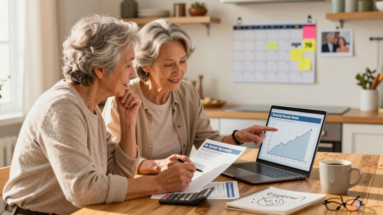 Duas mulheres séniores analisam gráficos financeiros numa mesa com documentos, calculadora e computador portátil.