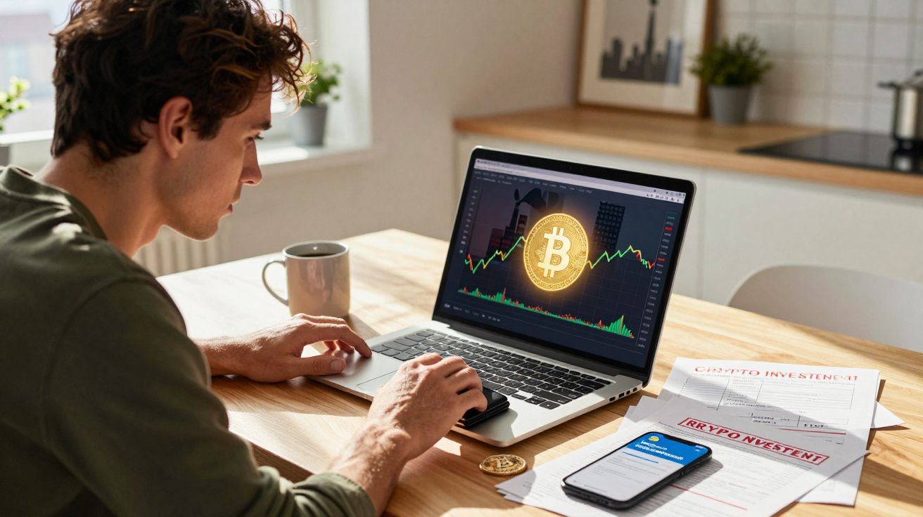 Homem a analisar gráficos de Bitcoin num computador portátil com telefone e documentos de investimento sobre a mesa.
