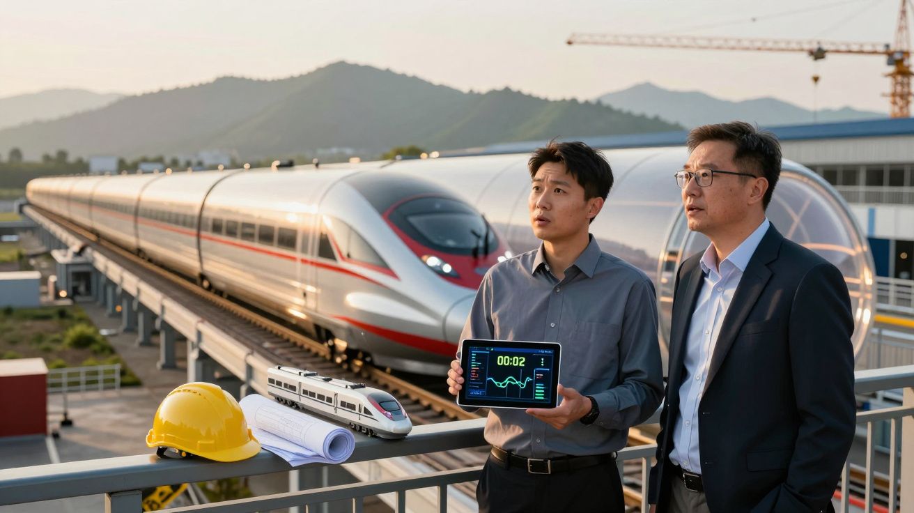Dois engenheiros asiáticos observam comboio de alta velocidade com modelo, capacete e plantas na plataforma.