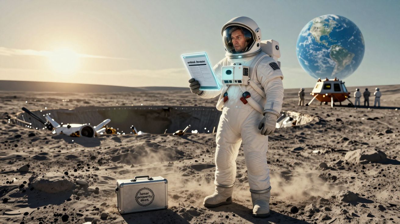 Astronauta em fato espacial lê documento na superfície lunar com Terra ao fundo e módulo lunar próximo.