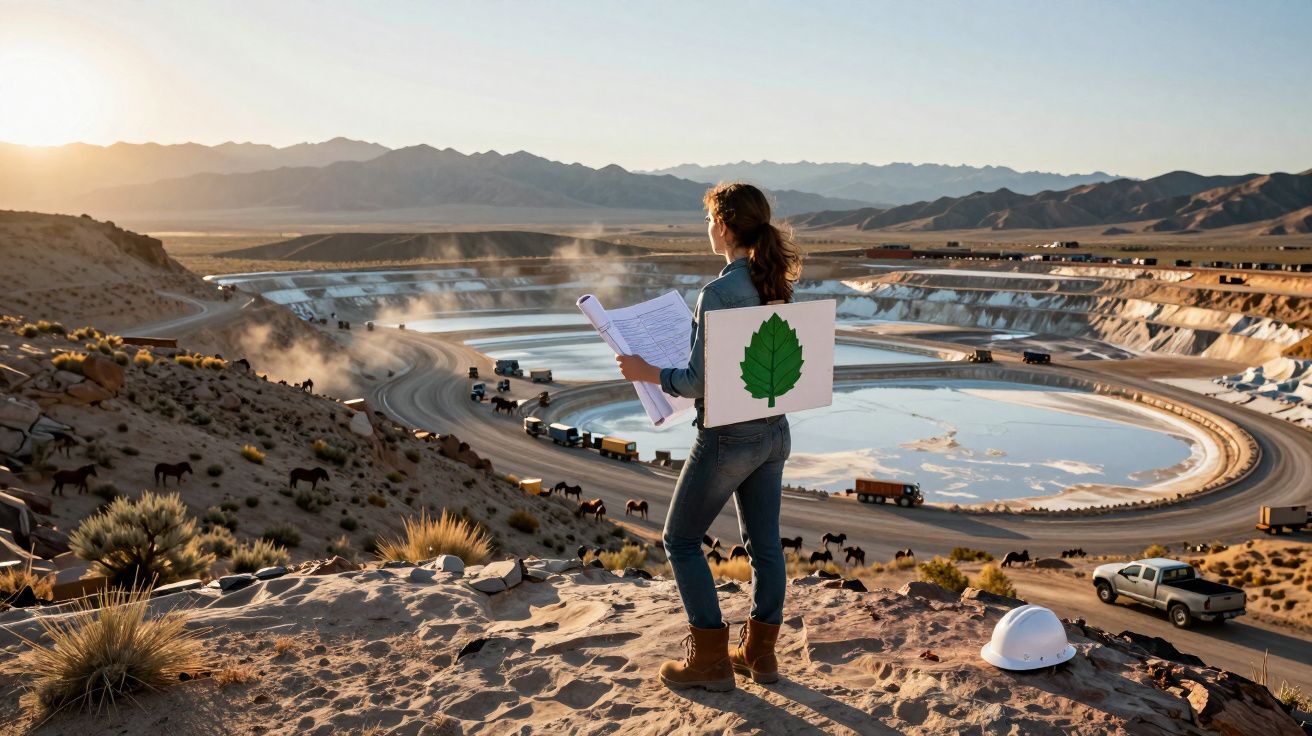 Mulher com planta na mochila observa grande mina a céu aberto ao pôr do sol, vestida com roupas de trabalho.