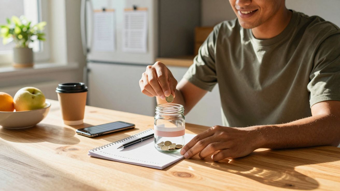 Pessoa a guardar moedas num frasco enquanto está sentada à mesa com caderno, telemóvel e fruta numa cozinha iluminada.