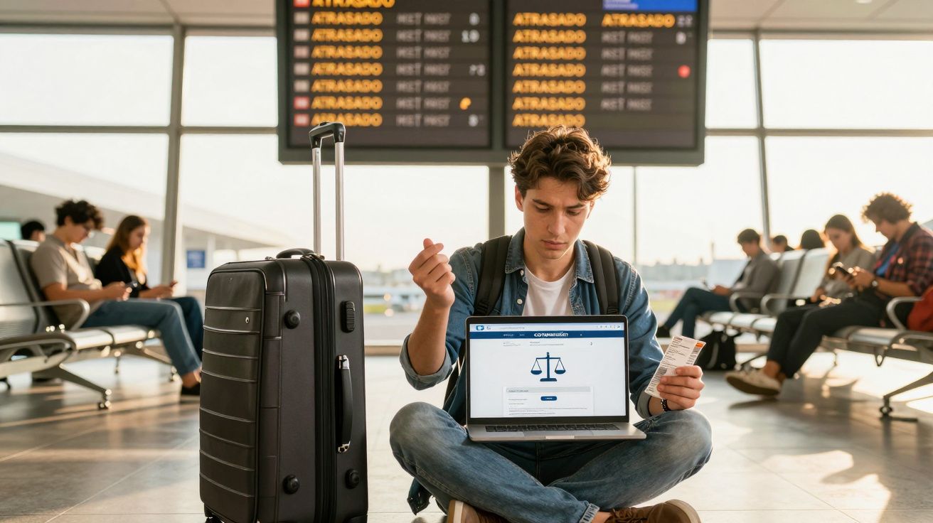 Homem sentado no aeroporto com mala, bilhete e portátil à espera de voo atrasado.