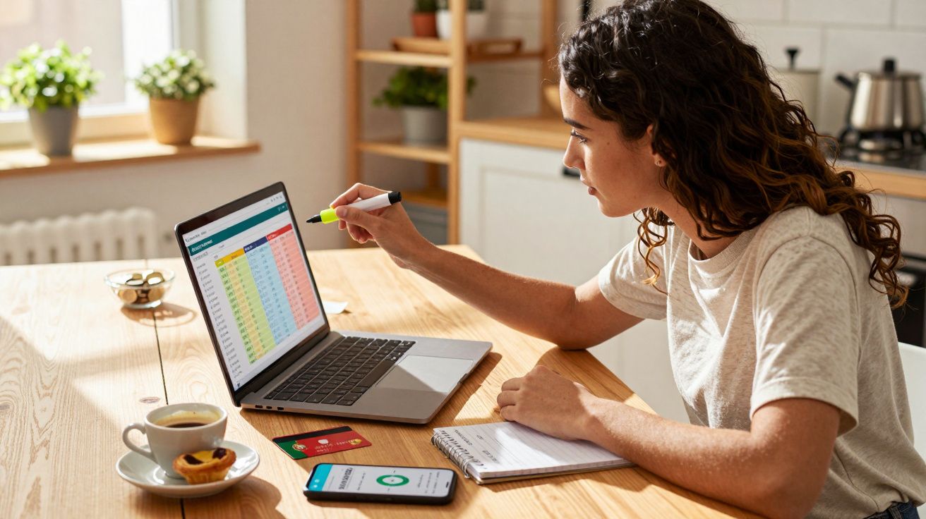 Mulher sentada a analisar dados num computador portátil, com smartphone, caderno e café numa mesa à luz do dia.