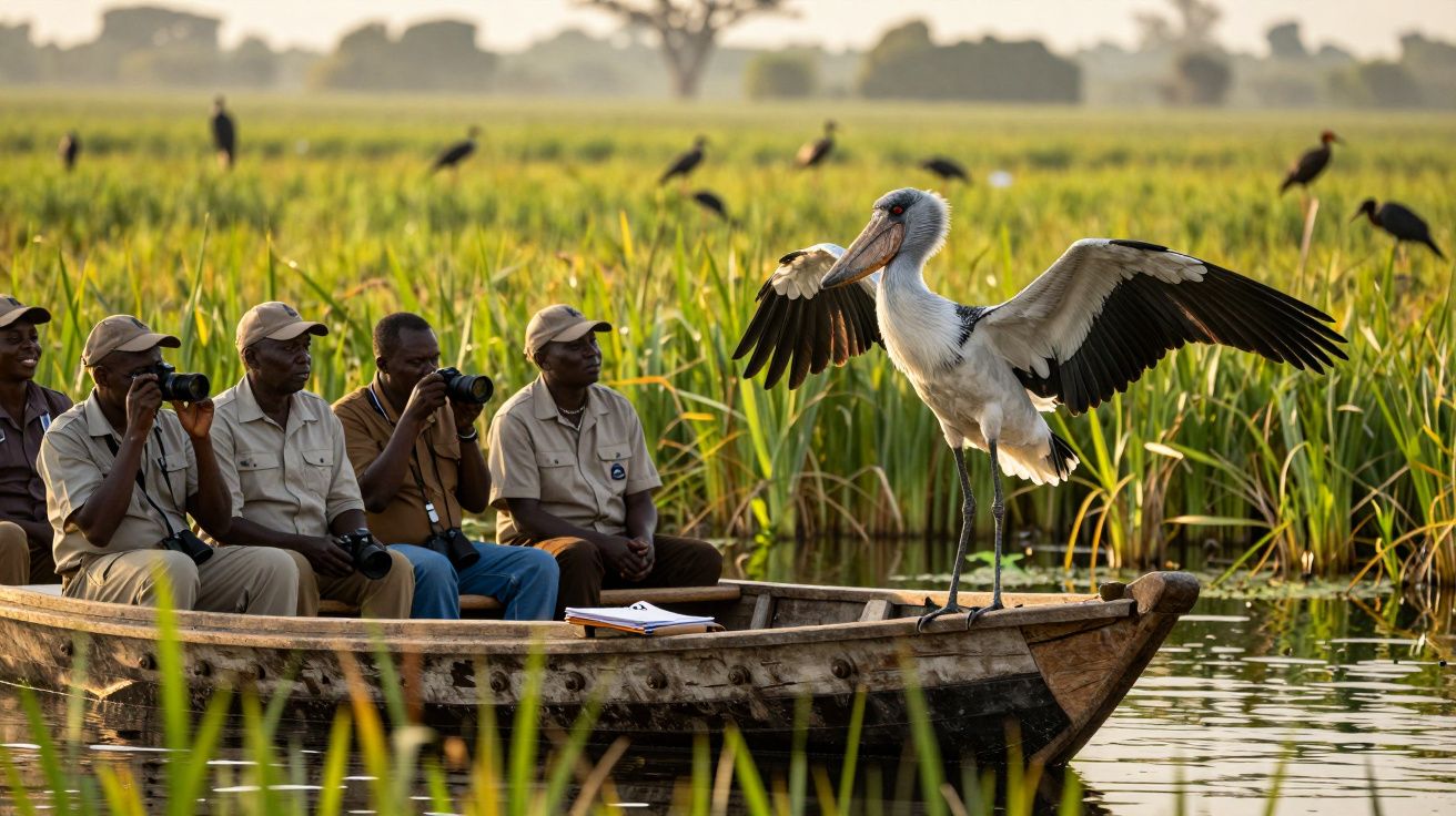 Grupo de cinco homens numa canoa a observar e fotografar um pelicano com as asas abertas numa zona húmida.