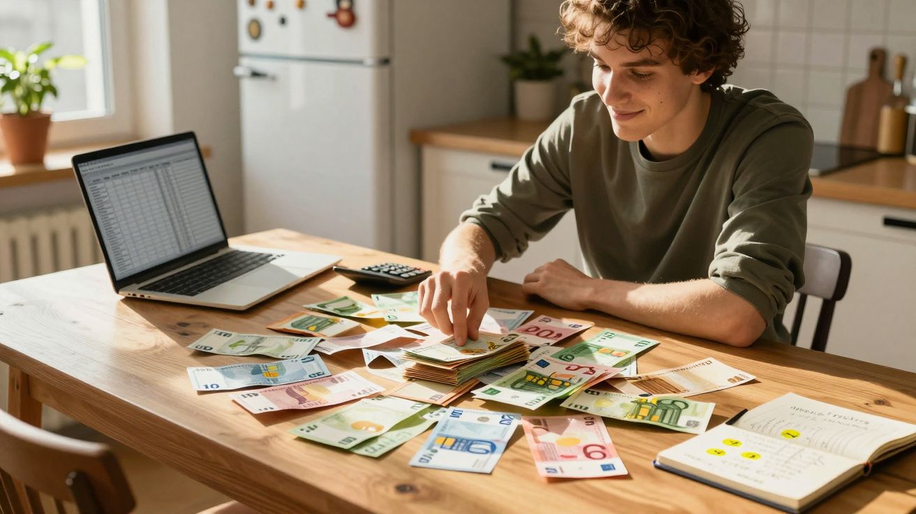Jovem sentado à mesa a contar e organizar notas de euro em ambiente doméstico com computador e caderno.