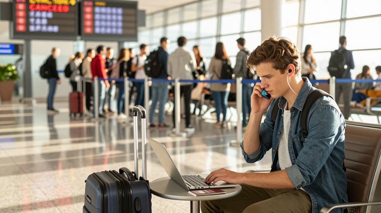 Jovem com auriculares ao telefone e computador portátil num aeroporto, com malas e fila de passageiros ao fundo.