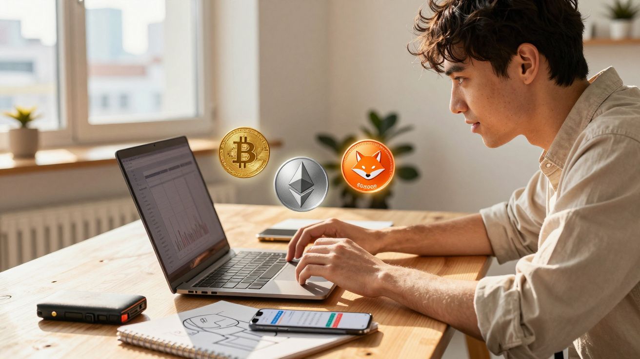 Homem a usar portátil numa mesa com gráficos e ícones de criptomoedas Bitcoin, Ethereum e Shiba Inu.