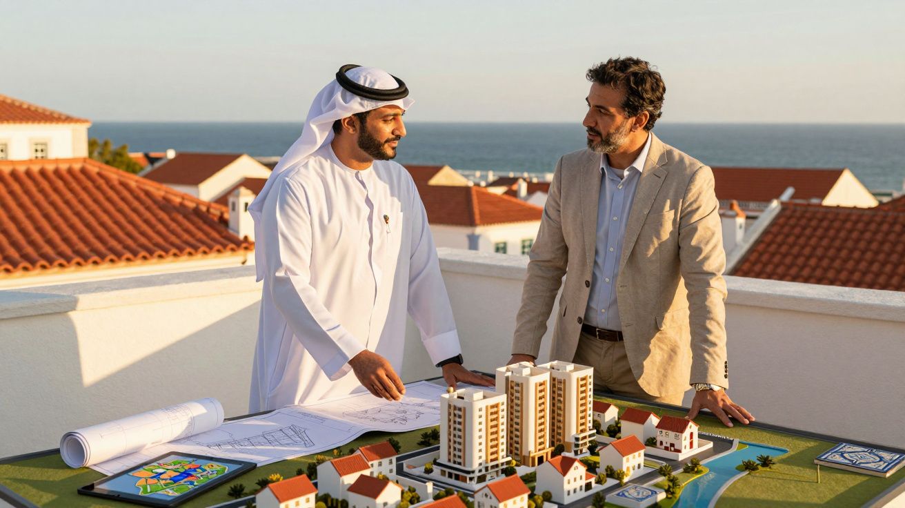 Dois homens analisam maquete de projeto imobiliário numa varanda com vista para o mar.