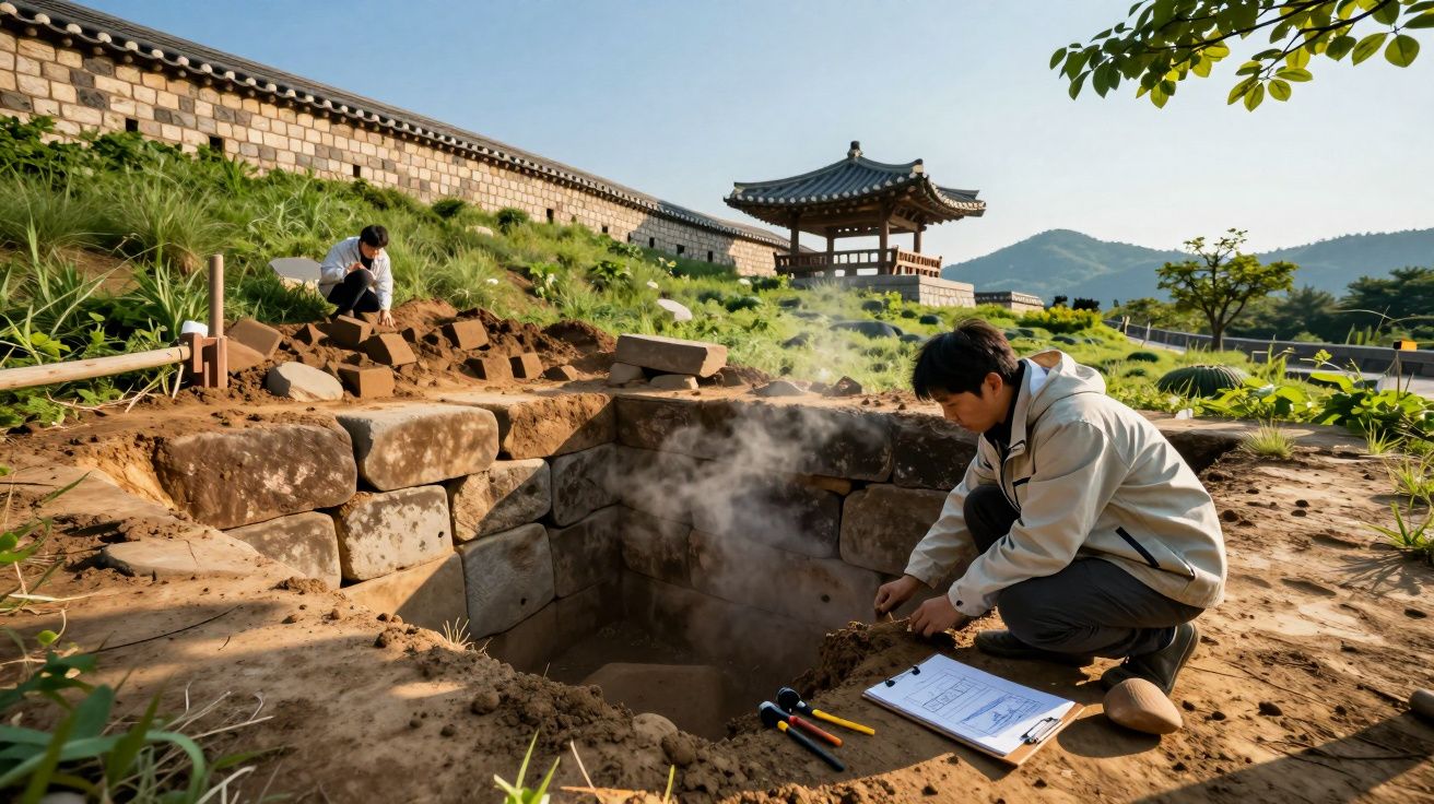 Arqueólogos a escavar e analisar uma escavação com estruturas de pedra numa paisagem verde junto a um templo tradicional.