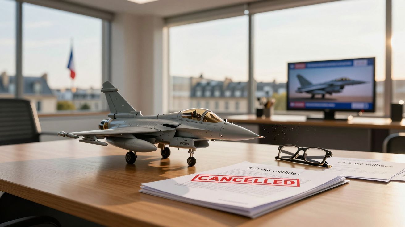 Modelo de avião militar sobre mesa de escritório com documentos cancelados e ecrã com notícia de caça aéreo.