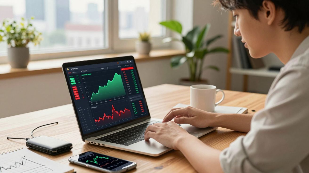 Pessoa a analisar gráficos financeiros num portátil numa secretária com telemóvel e acessórios.