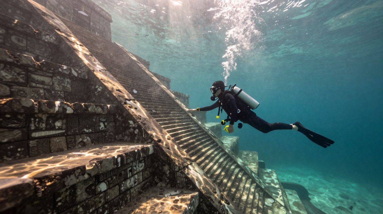 Mergulhador explora ruínas submersas de escadaria com inscrições detalhadas em água clara e iluminada.