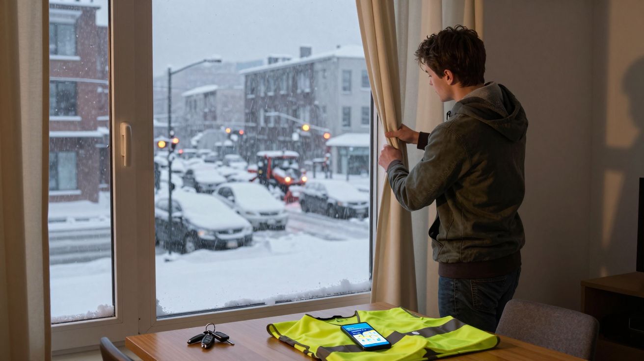 Pessoa abre cortina para ver estrada e carros cobertos de neve numa cidade durante tempestade.