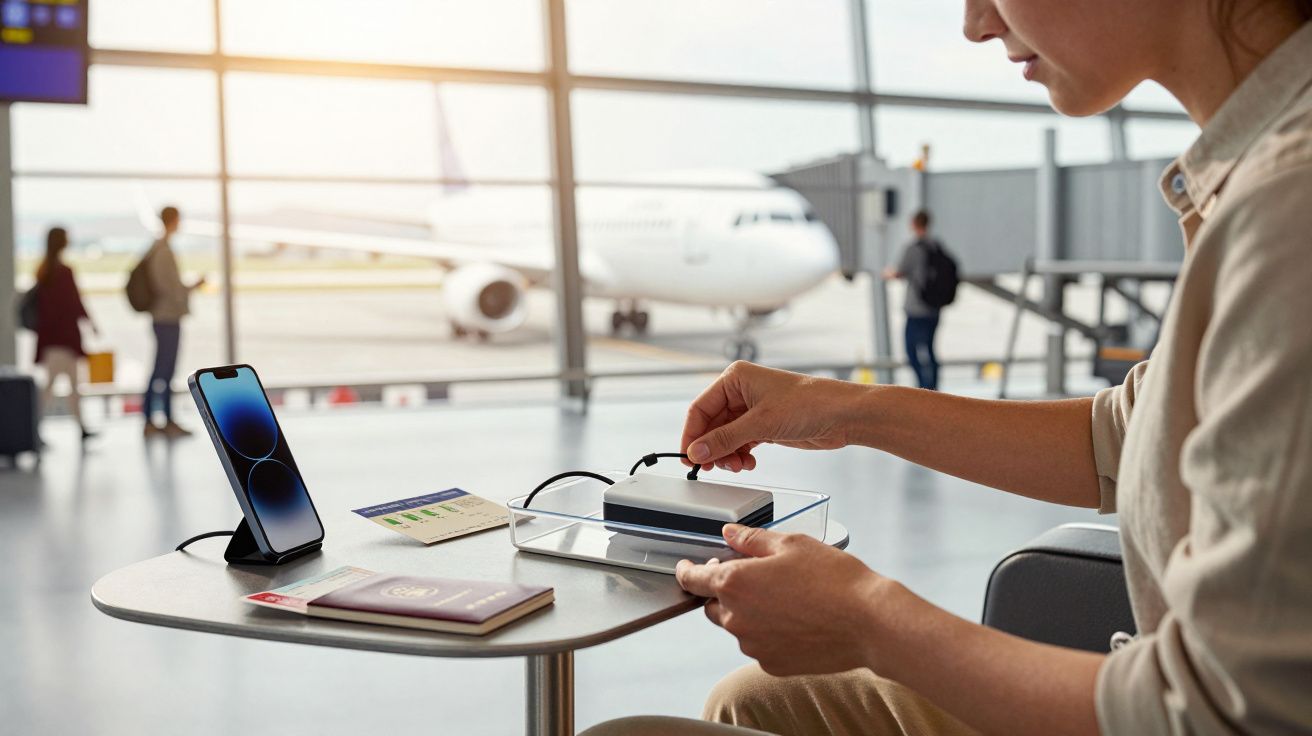 Pessoa a carregar portátil com passaporte e cartão de embarque numa mesa no aeroporto, com avião ao fundo.