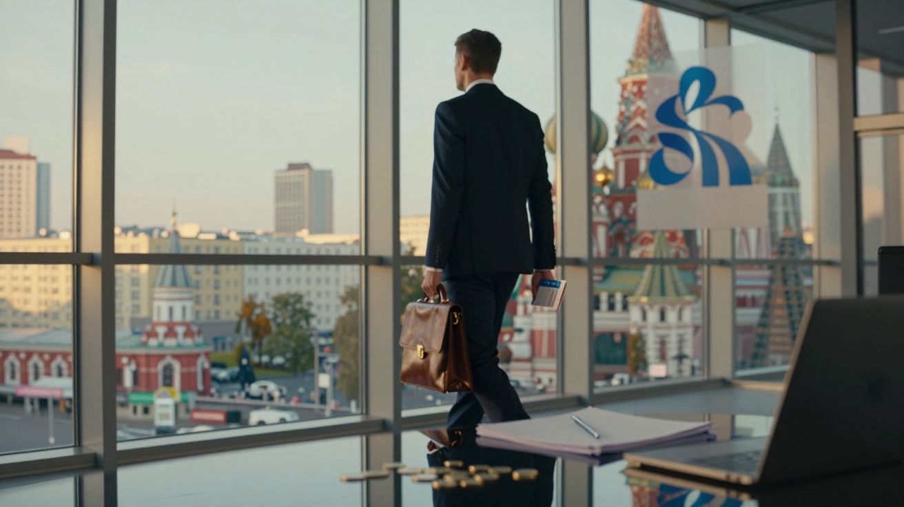 Homem de fato a pé junto a uma janela grande com vista para edifícios históricos numa cidade.