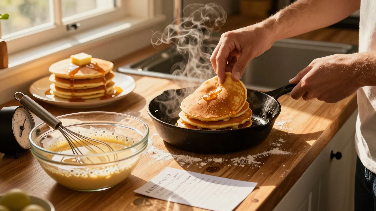 Pessoa a cozinhar panquecas quentes numa frigideira numa cozinha iluminada pelo sol.