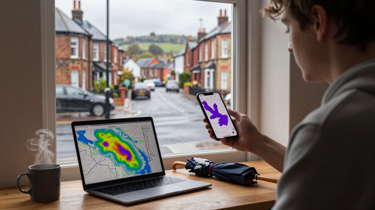 Pessoa sentada junto a janela vê mapas de radar de precipitação no telemóvel e computador portátil.