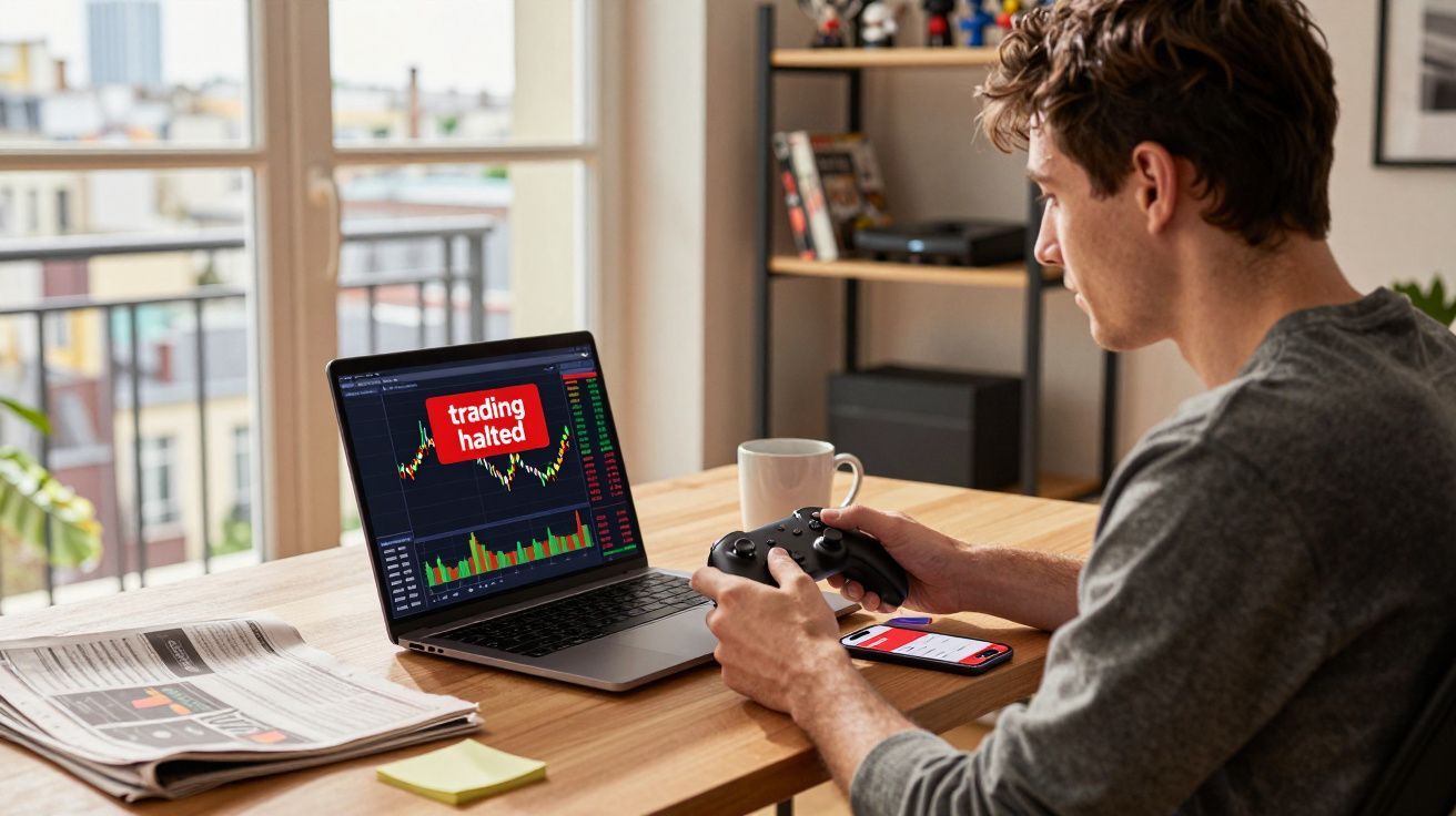 Homem sentado a jogar com comando, computador mostra mensagem "trading halted" e gráfico de ações.