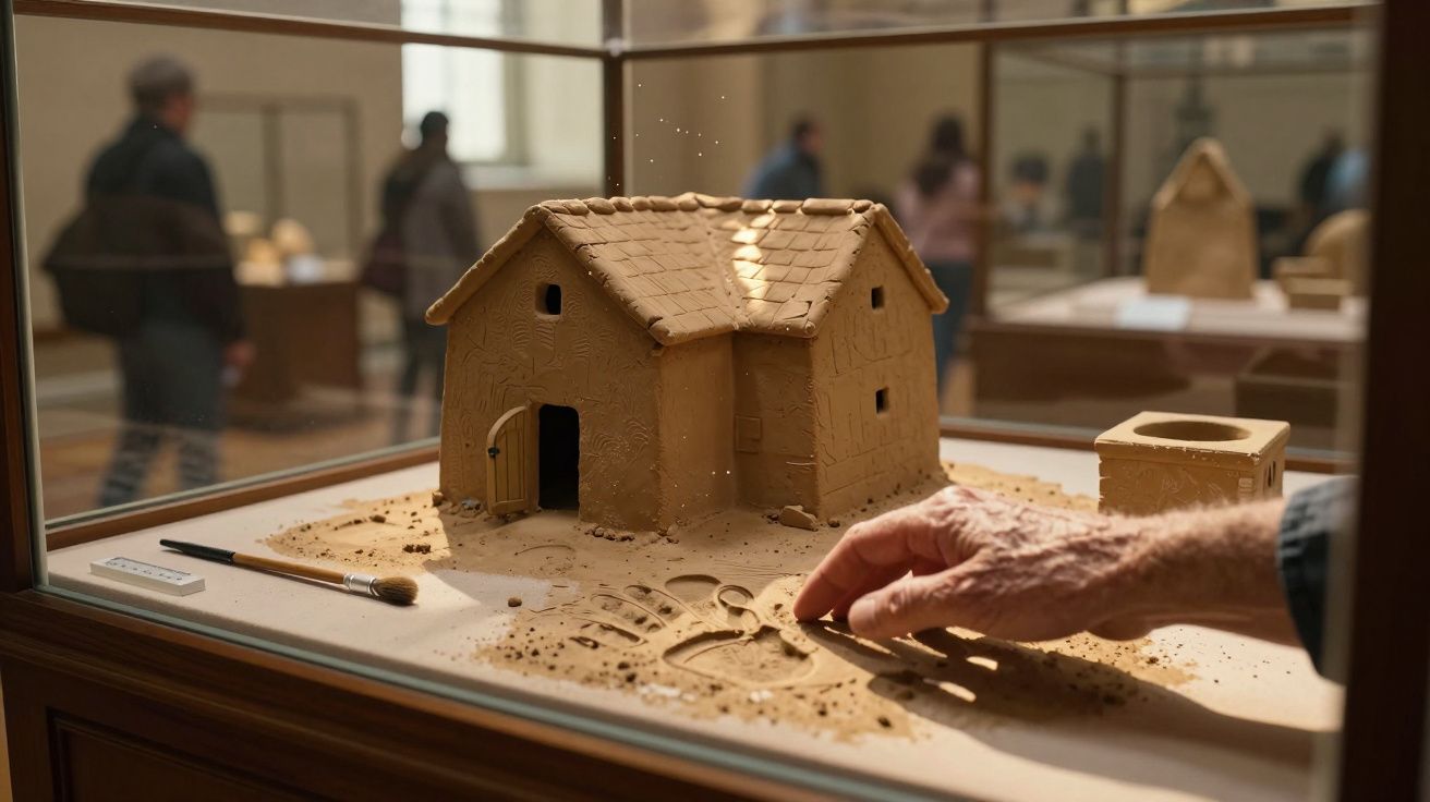 Exposição de maquete em argila de uma casa com um poço e pegadas feitas à mão dentro de uma vitrina.