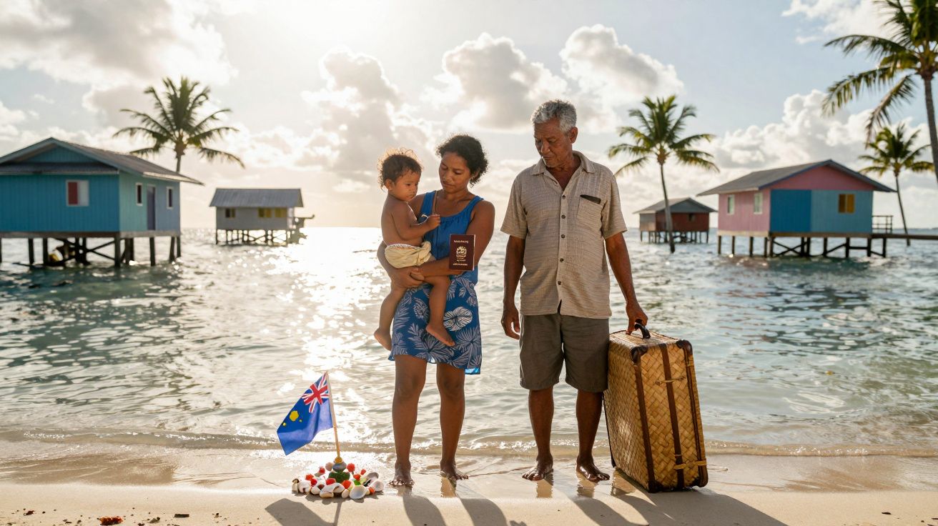 Família na praia com casas sobre palafitas, bandeira e malas, ao pôr do sol.