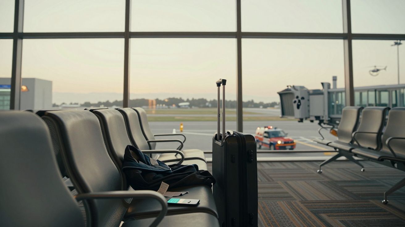 Sala de espera de aeroporto com cadeiras, uma mala preta e uma mochila, vista para pista e carro de serviço.
