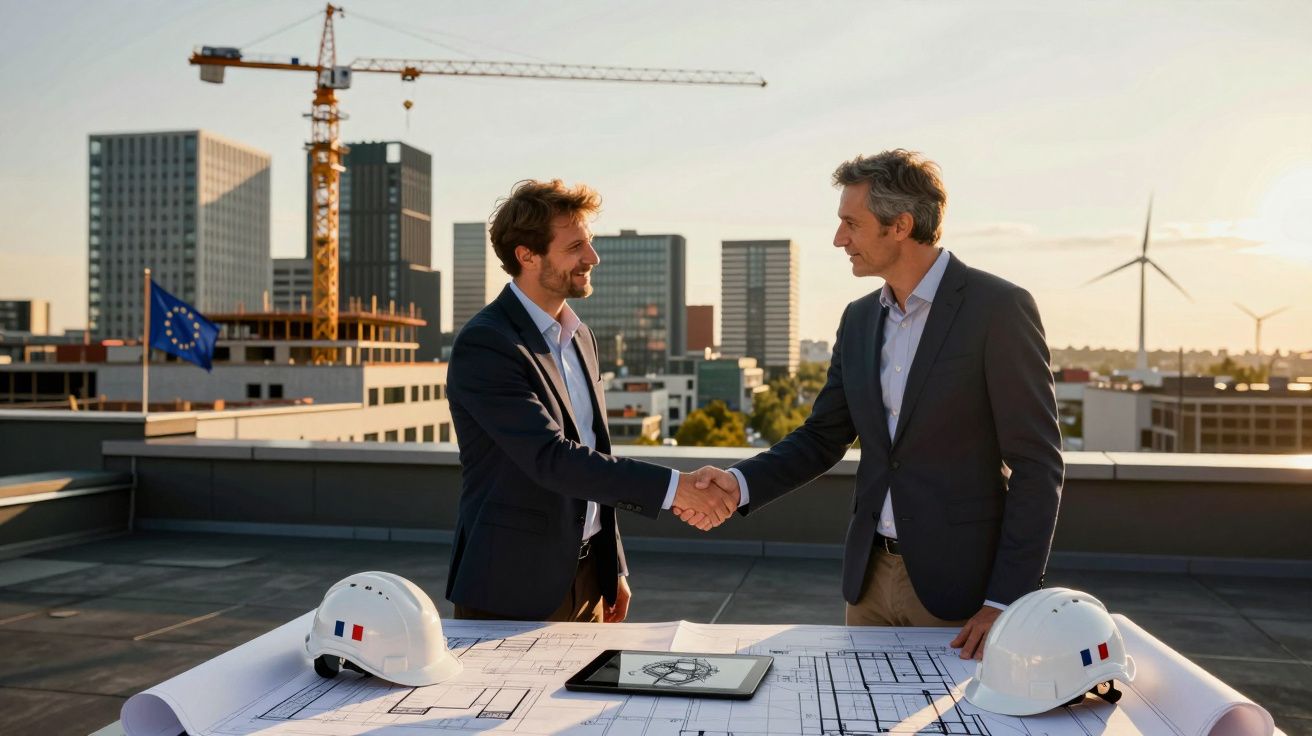 Dois homens de negócios de fato apertam as mãos numa construção com capacetes e plantas técnicas numa mesa.