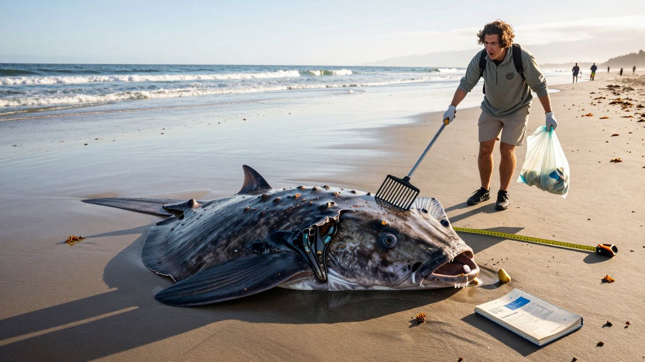 Homem com luvas recolhe lixo junto a peixe estranho e grande encalhado na areia da praia ao pôr do sol.