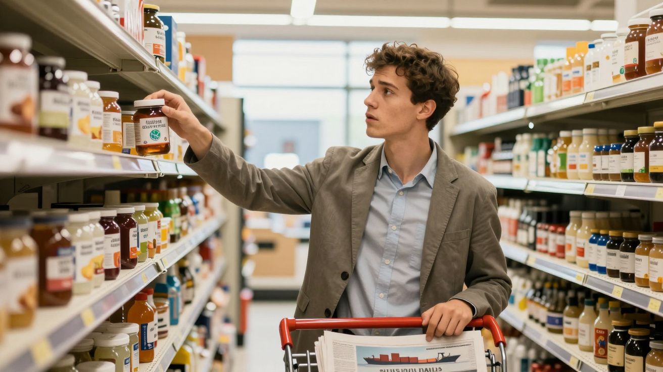 Homem jovem a pegar frasco numa prateleira do supermercado, com carrinho de compras à frente.