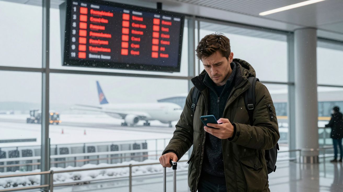 Homem numa estação de aeroportos com mochila e mala, consulta o telemóvel, avião e ecrã de partidas ao fundo.