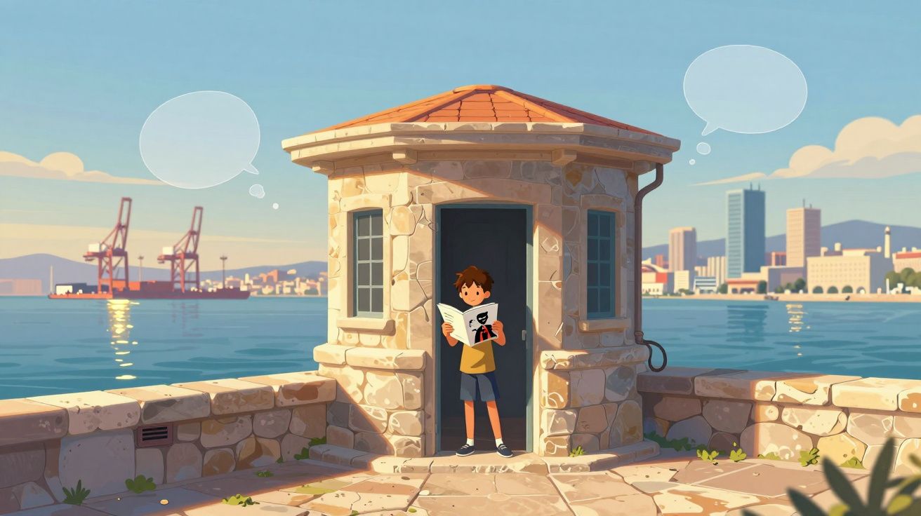 Garoto lê jornal na entrada de uma pequena tenda de pedra junto ao porto ao pôr do sol.